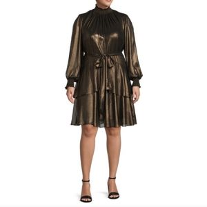 Alex Marie Rosalia Long Split Sleeve Smocked Mock Neck Tie Waist Layered A-Line